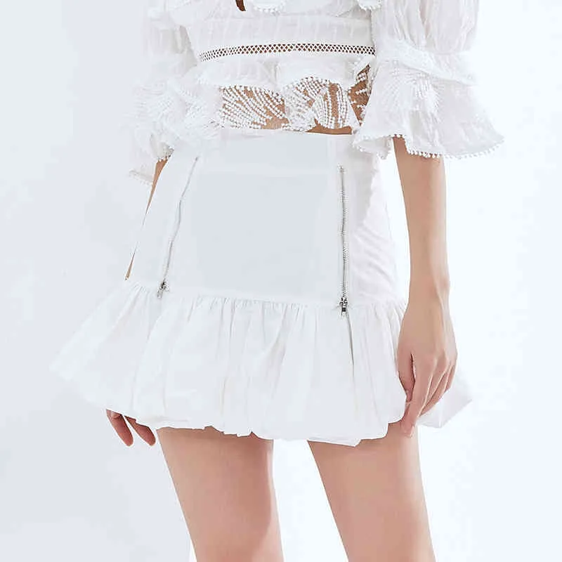 Weißer Mini-Knospenrock für Frauen mit hoher Taille, Patchwork-Reißverschluss, geraffte schlanke Röcke, weibliche Modekleidung 210521