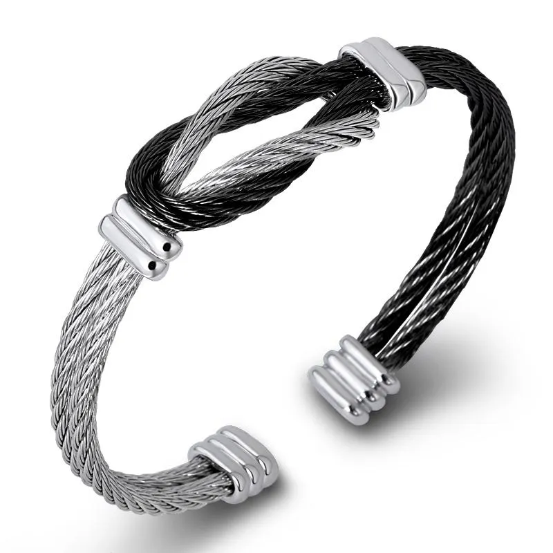 Titanium Steel Men's ed Cable Wire Bracelets & Bangles Unisex Punk Jewelry Black France Cuff Knot Bracelet Whole Ban279r