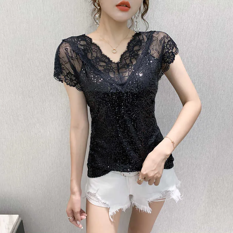 Kısa Kollu Ince Beyaz Bluz Yaz Seksi Dantel Kadınlar Bluz V Boyun Glitter Pullu Gazlı Bez Patchwork Zarif 14652 210527 Tops