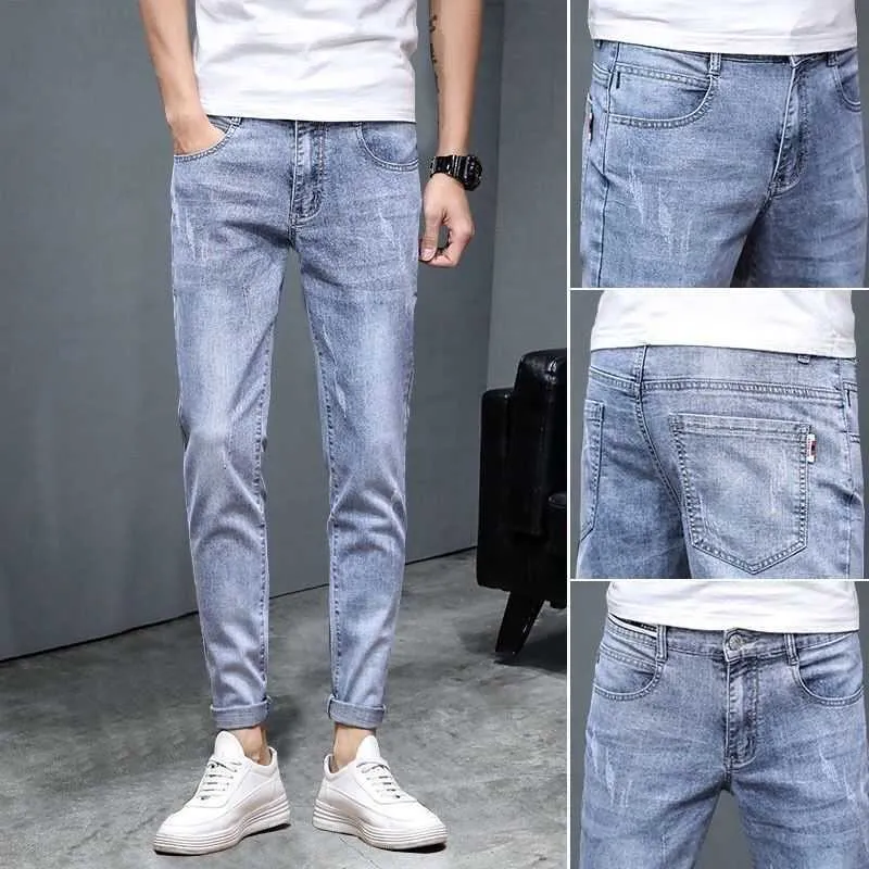Jeans masculino verão fino com zíper botão esticado riscado casual calças cortadas amaciante algodão jeans calças lápis x0621