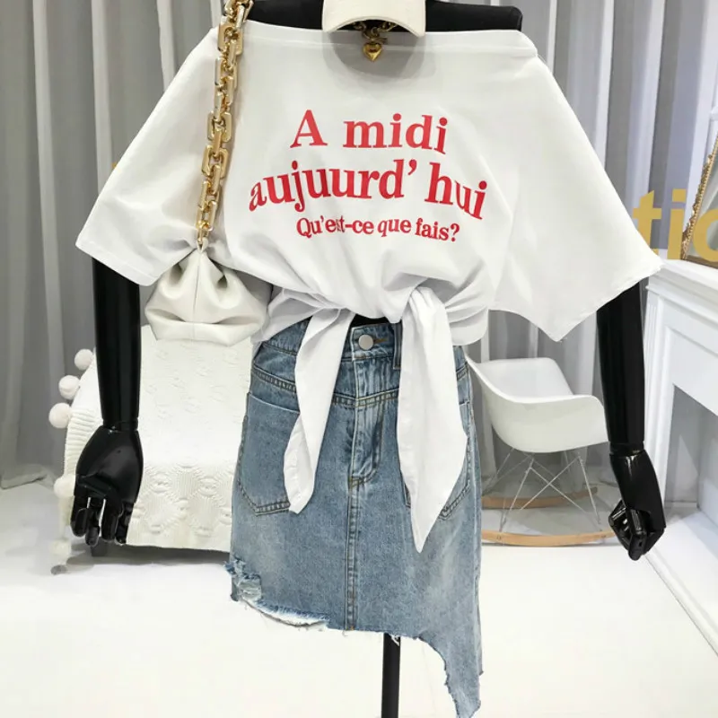 Kimutomo Letter Print Off Shoulder Women T-shirt Korea Chic Summer Ladies Loose Slash Neck Short Sleeve Tie Tops 210521