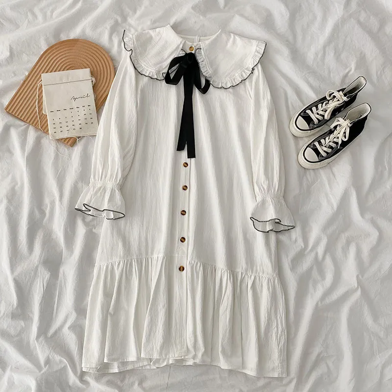 Kimutomo Eleganckie stałe sukienki Kobiety Peter Pan Collar Bow Lace-Up Rękaw Rękaw Single Breasted Vestido de Mujer Wiosna 210521