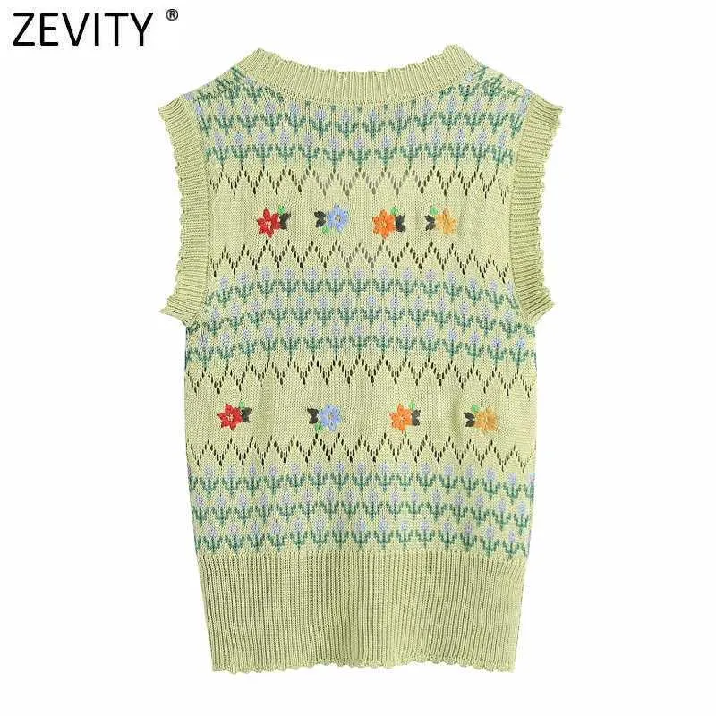 ZEVITY Kadınlar Moda V Boyun Çiçek Nakış Tığ Örme Kazak Kadın Chic Kolsuz Hırka Yelek Tops SW833 210603