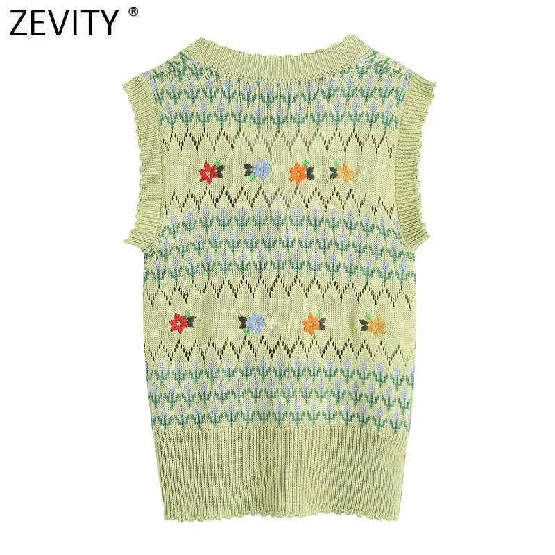 Zevity Women Fashion V Neck Floral Broderi Hollow Out Crochet Stickad Sweater Kvinna Chic Ärmlös Cardigan Vest Tops SW833 210603