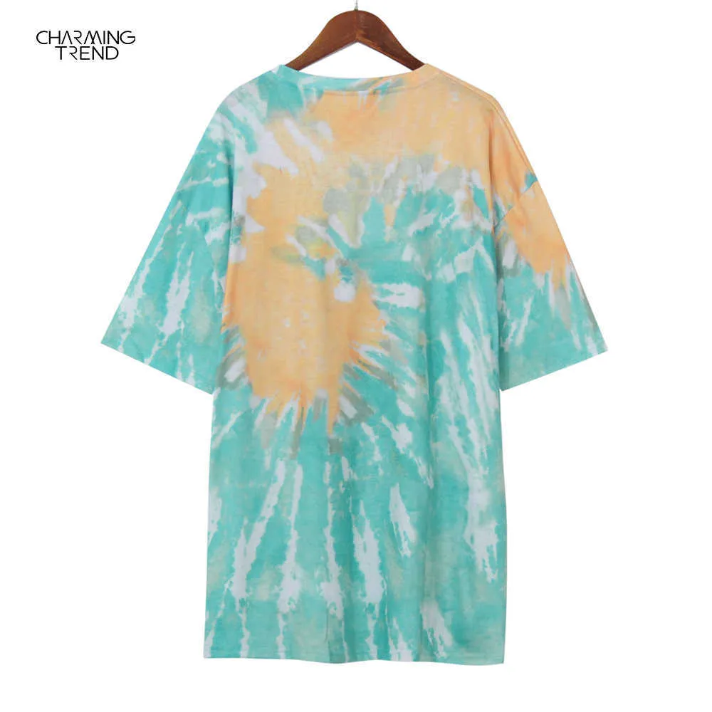 Vrouwen Tie Dye Retro Print Casual Long T-Shirt Summer Ladies Vintage T-shirts met korte mouwen losse plus size vrouwelijke kleding 210702