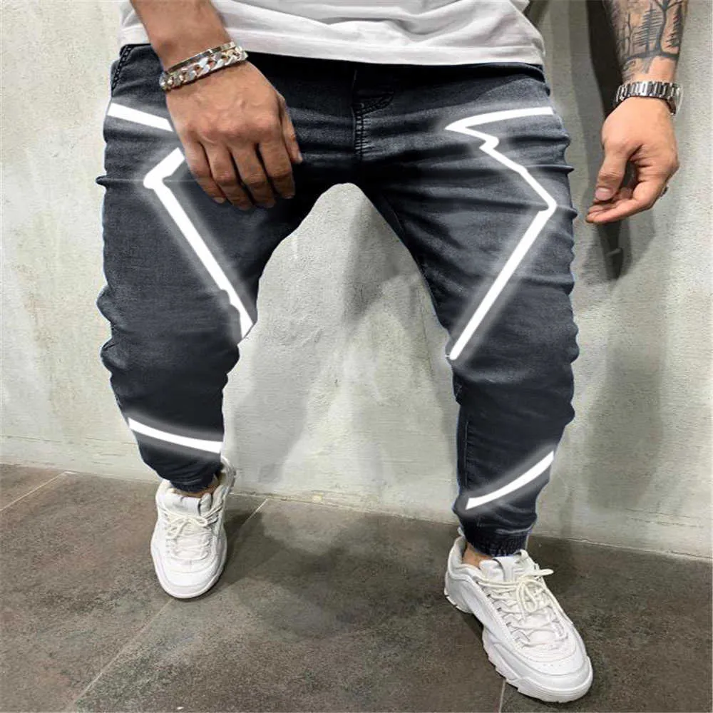 2021 new spring and summer men's jeans personality reflective hip-hop Europe and the United States high street pants large size X0621