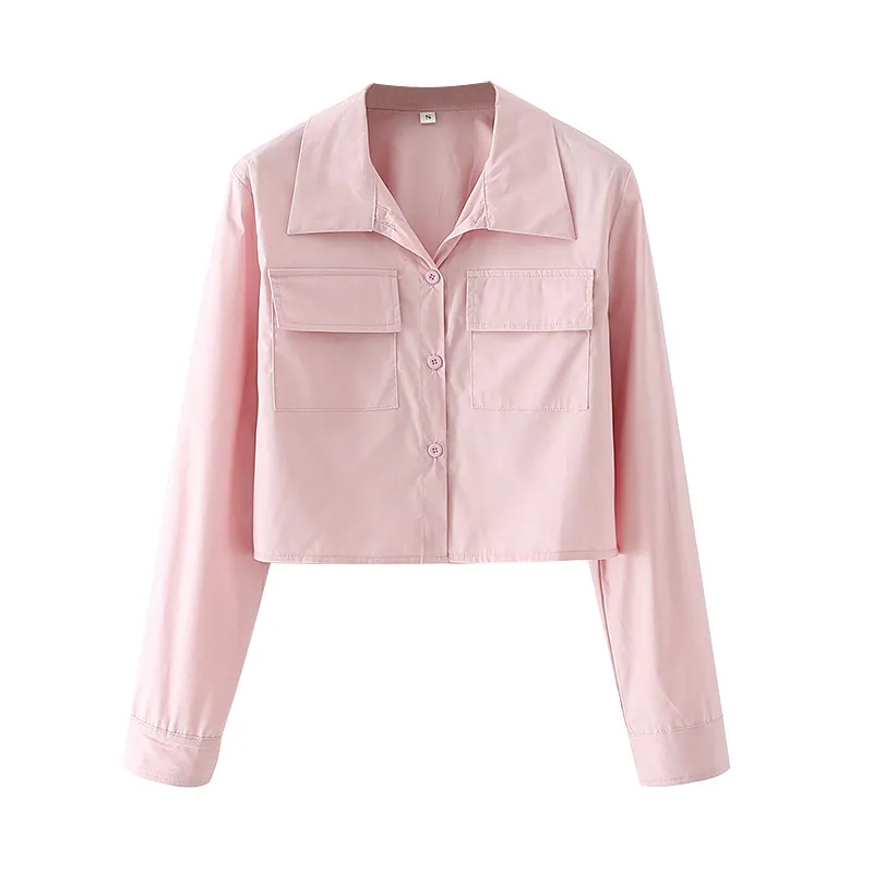 エレガントなピンクの長袖ブラウス女性ポケットラペルショートシャツトップスレディファヒオンストレートクロップガール210430