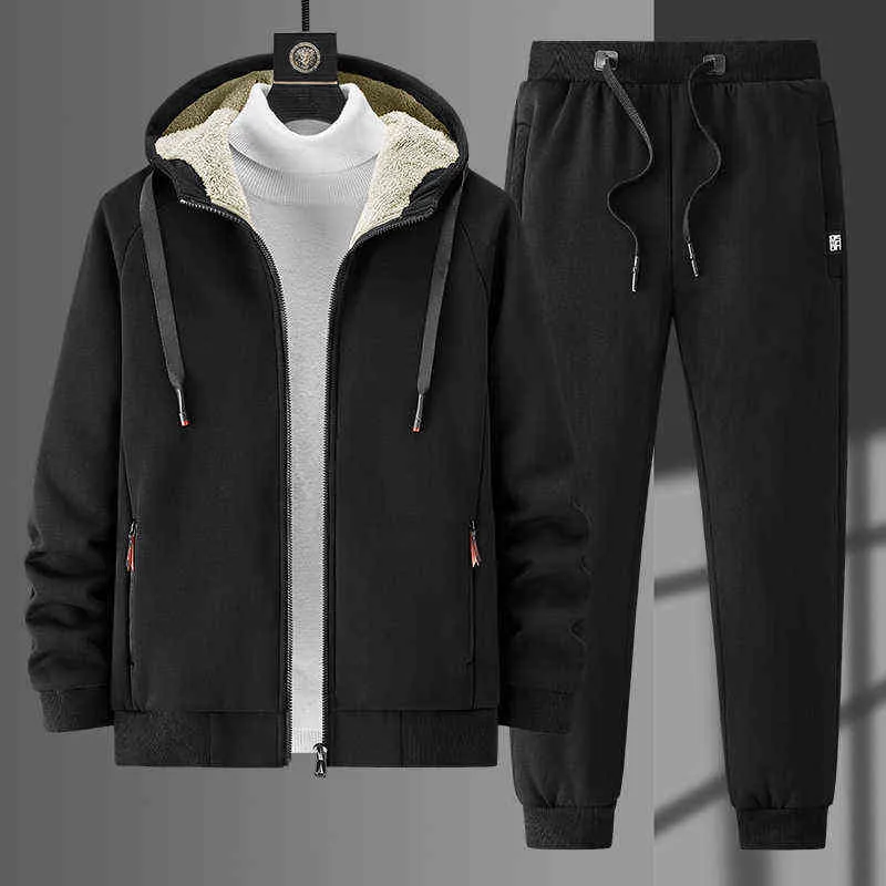 Kış Kalın Sıcak Polar Eşofman Erkekler Artı Boyutu Kapşonlu 2 Parça Set Termal Ceket + Pantolon Spor Rahat Ter Suits 8XL 211220
