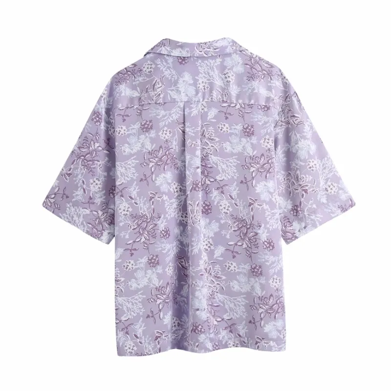 Été Femmes Floral Print Violet Chemise Femme Col sur mesure Blouse à manches courtes Casual Lady Loose Tops Blusas S8807 210430