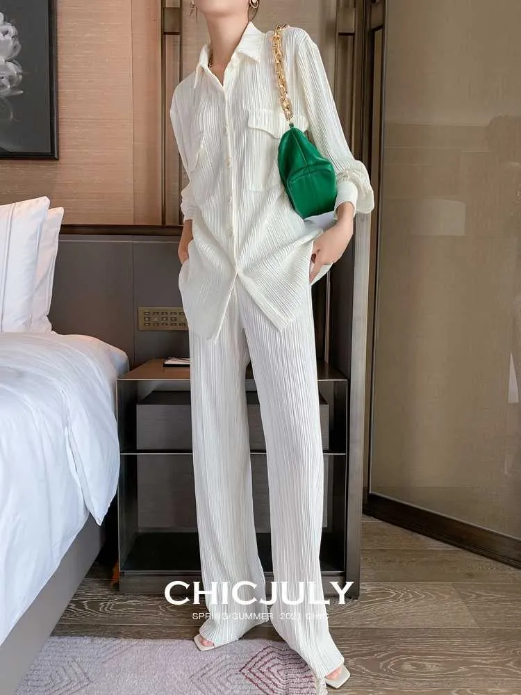 Bella White Pleated Wide Leg Pant's Fashion Casual Loose Trousers Office Lady Elegant Long Palazzo 210930