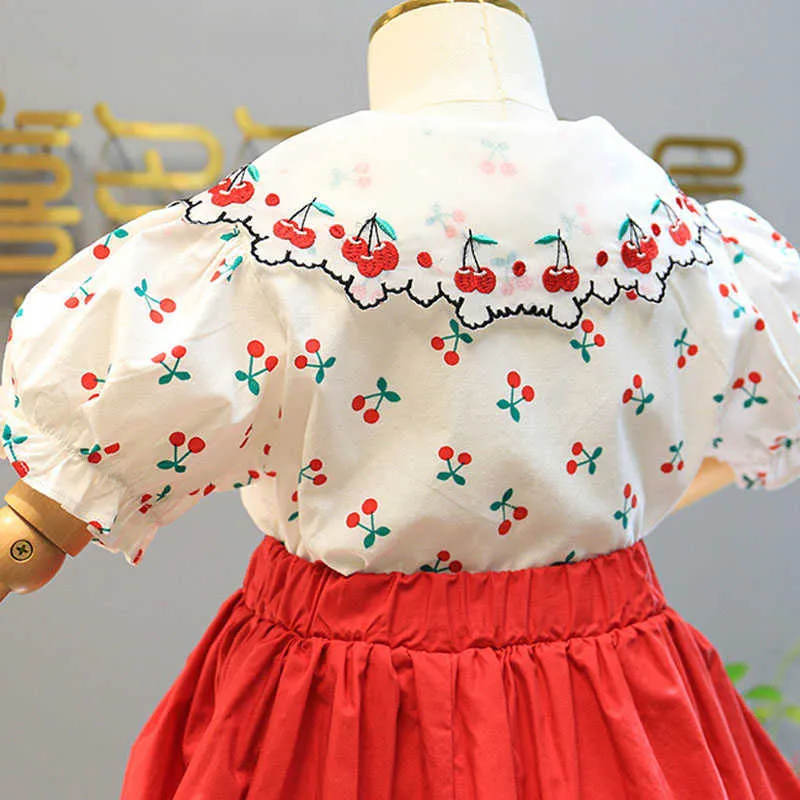 Summer Girl Clothes Suit Embroidered Cherry Lace Lapel Top+Elastic Waist Skirt Two-Piece Baby Kids Children'S Clothing 210625