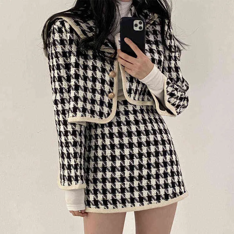 Kimotimo Kvinnor Plaid Tweed Set Korean Ins Vintage Sailor Collar Långärmad Crop Coat + High Waist Mini Skirt Två Piece Sets 211106