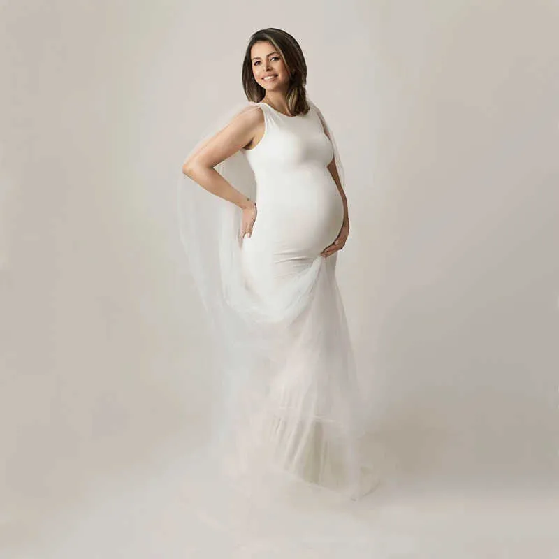 Ärmlös Jersey Baby Shower Lång Klänning Med Tulle Cape Gravid Kvinna Klänning För Foto Skjut Maternity Fotografi Mermaid Gown Y0924