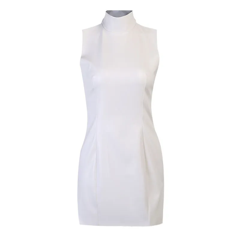 DEAT Women White Patchwork Zipper PU Split Fork High Dress New Stand Neck Sleeveless Slim Fit Fashion Tide Summer 7E0360 210428