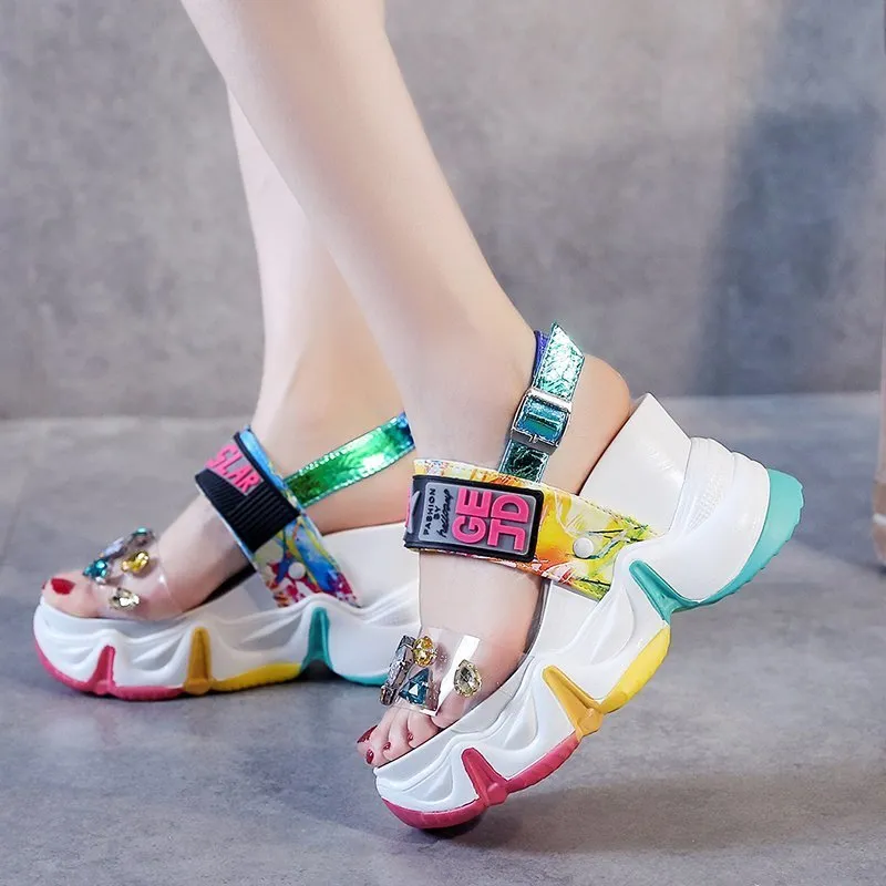 Lucyever New Women Summer Wedge Sandals 투명 PVC Crystal Chunky 플랫폼 신발 여성 무지개 두꺼운 바닥 샌들 리아 210324