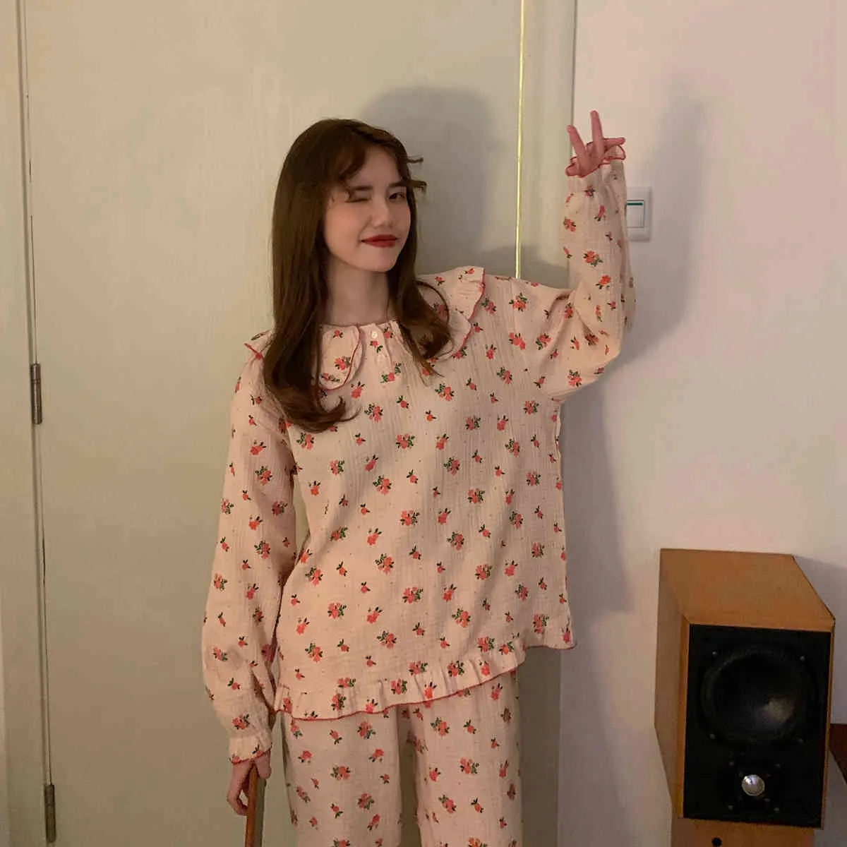 Soft Princess Stampato Ragazze Sleepwear Cute All Match Homewear Cotton Florals Donna Pigiama dolce allentato Set 210525