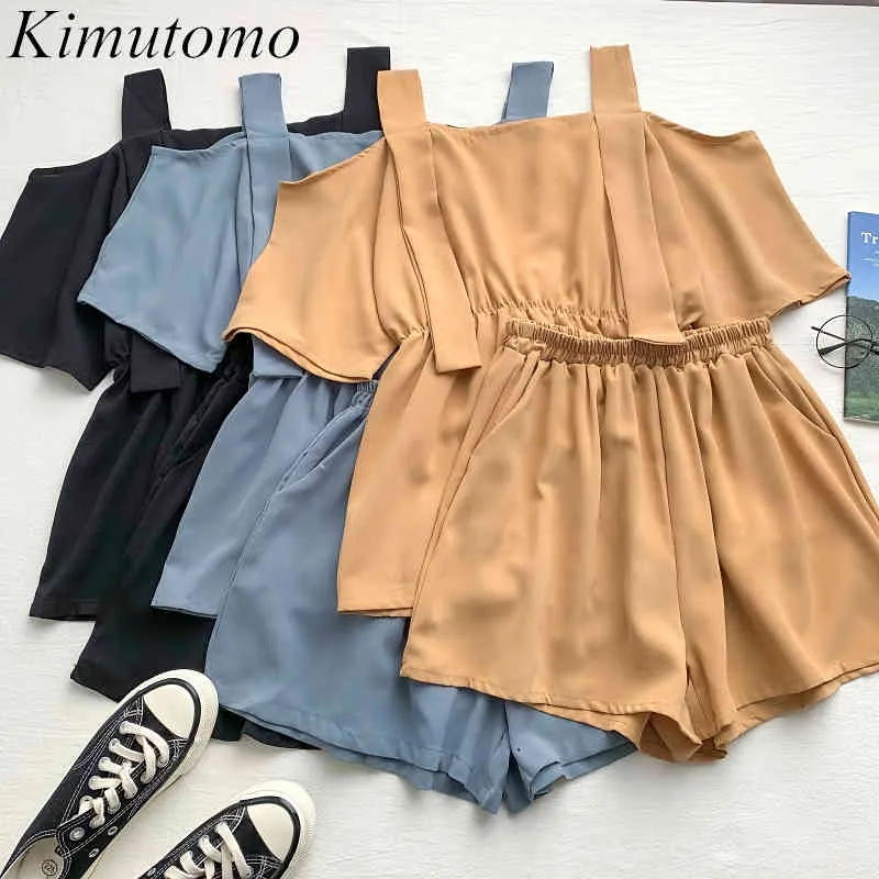 Kimutomo été costume femmes mode couleur unie hors épaule fronde haut + haute taille élastique large jambe Shorts 2 pièces ensembles 210521