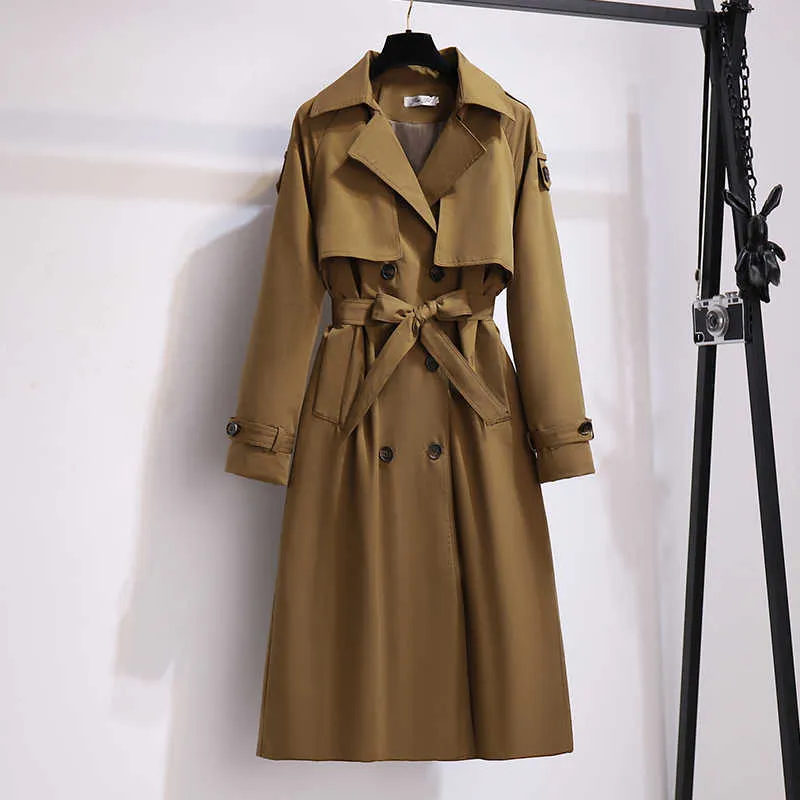 Ailegogo Casual Female Turndown Collar Loose Long Trench Coat Autumn Women Double Breasted Windbreaker with Belt Ladies Ouwear 210914