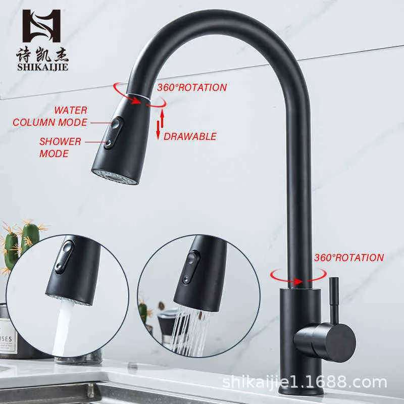 Kitchen Faucet Single Hole Pull Out Spout Sink Mixer Tap Stream Sprayer Head Stainless steel baking paint/Black Mixer Tap 211108