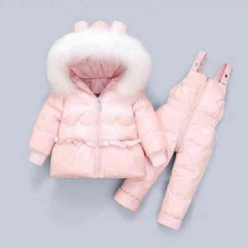 Toddler Kids Down Jacket Suit Baby Girl Coat+Jumpsuit Clothing Set Thickened 1-4 Years Children Clothes Russian Winter Puffer 211027