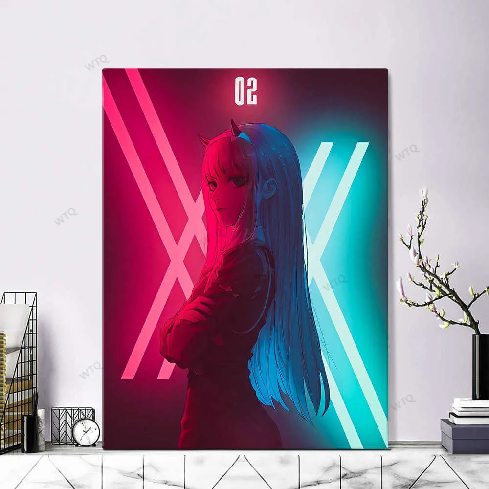 Canvas schilderij nul twee 002 lieveling in de Franxx neon anime Posters muur decor kunst foto kamer decor home decor y0927