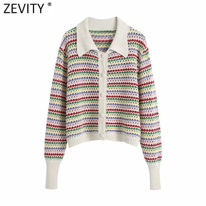 Zevity Women Rainbowストライププリント中空アウトかぎ針編みニットセーターコート女性シックブレストジャカードカーディガントップスSW803 210603