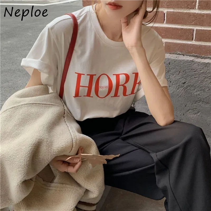 Neploe O Neck Sweter Krótki Rękaw T Shirt Kobiety List Wzór Solid Trójniki Femme Lato Wszystkie Mecz Ladies Top 210510