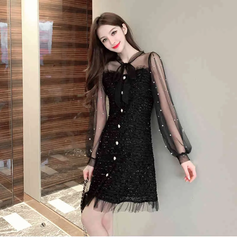 Spring Autumn Women's Dresses Korean Style Sexy Solid Color Net Gauze Beaded Waist Slim Long Sleeve A-line LL617 210506