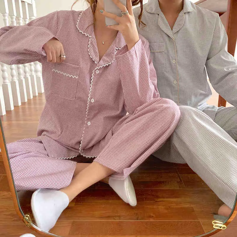 かわいい穏やかなシックなパジャマは格子縞の甘い寝室全体のマッチの優雅さの暖かい家庭用女性のソフトホーム服210525