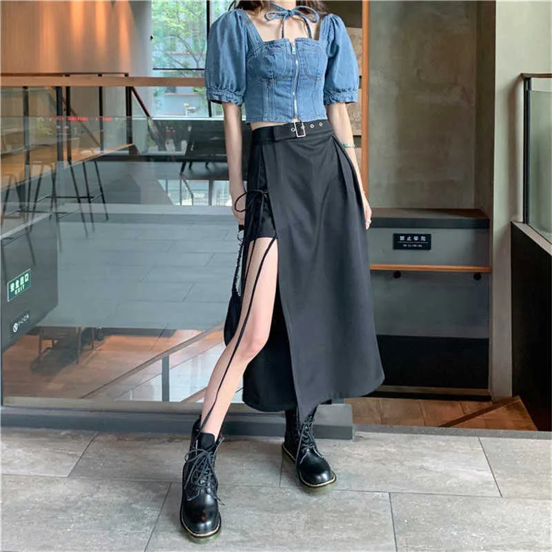 Summer Harajuku Lace Up Sexy Women Skirts Irregular Black High Waist Long Punk Gothic Chic Streetwear Saias Femininas 210702