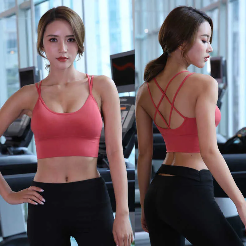Fitness Sports Bra for Women Push Up Padded Solid Cross Back Yoga Running Gym Training Workout Female Underwear Crop Tops 210604