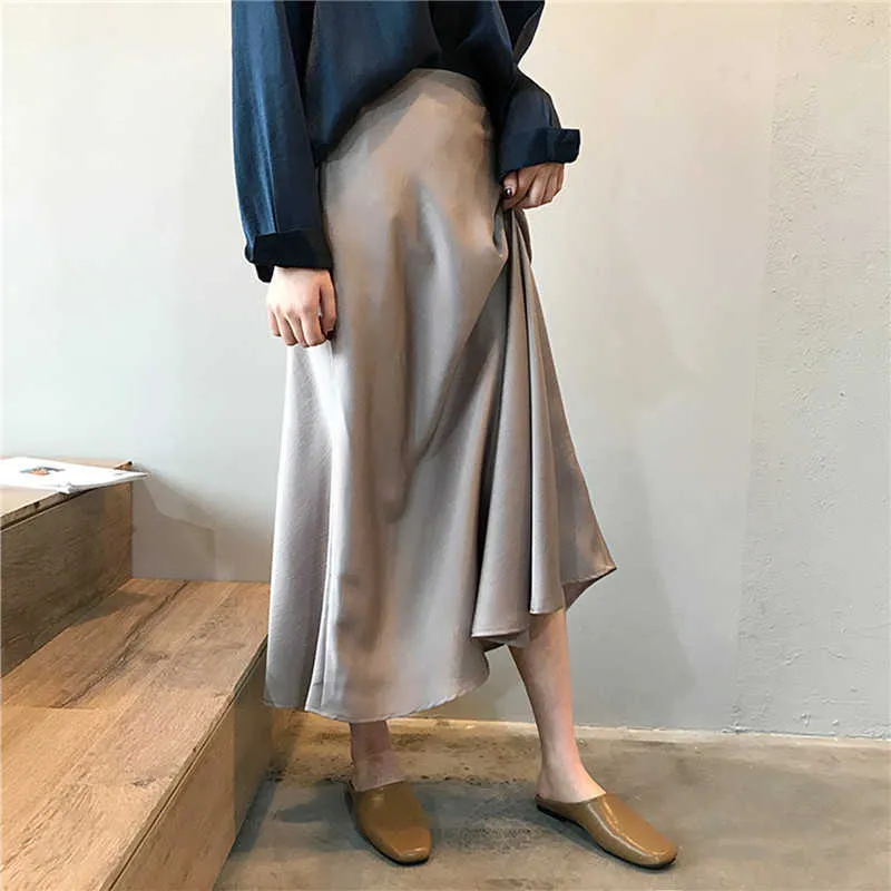 Women Silk Satin Skirt Spring Autumn High Waist Retro Long Chic Style A-Line Elegant Women's s Ladies 210621