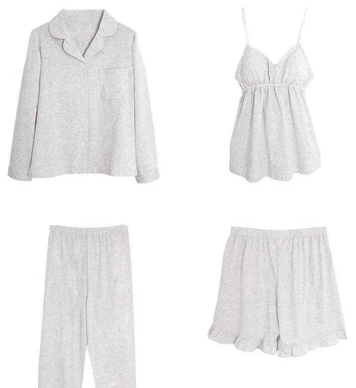Lady Gray Homewear Long Sleeve Pajamas Suit Intimate Lingerie Cotton Casual Sleepwear Spring Novelty Sleep Set Q0706
