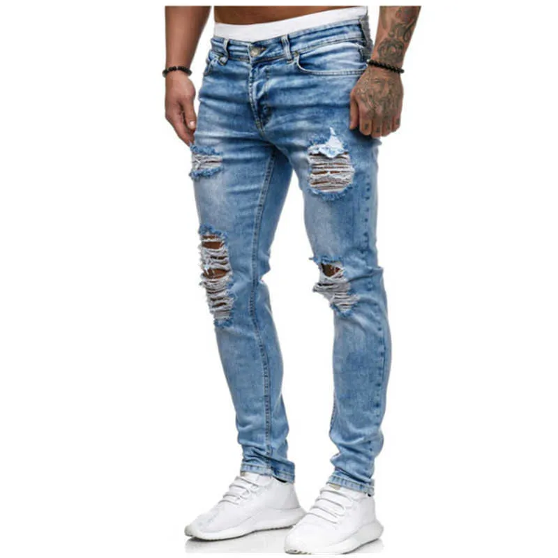 Mens solid färg jeans 2020 nya mode slim penna byxor sexig avslappnad hål rippad design streetwear x0621