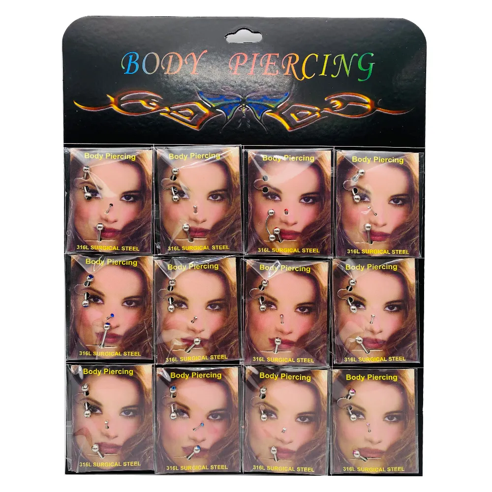 12 Förpackningar / Många Rostfritt Stål Ögonbryn Nails Crystal Nose Ring Labret Lip Piercing Smycken Set Kvinnor Tjej Ny gåva