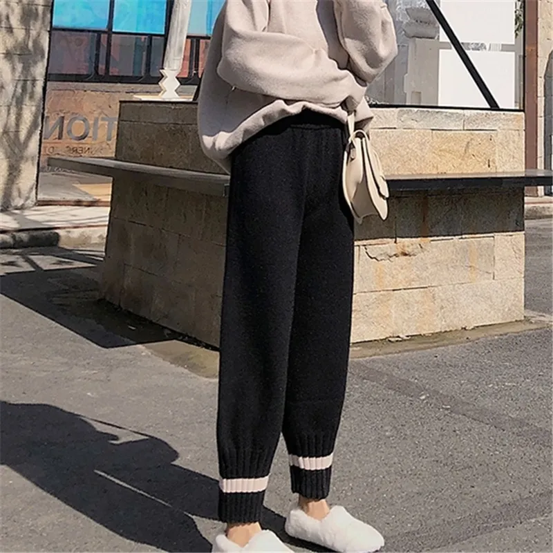 Nomikuma tricoté femmes pantalons automne hiver épaissir pantalons longs Stretch taille haute Hit couleur rayure sarouel 6C391 210427