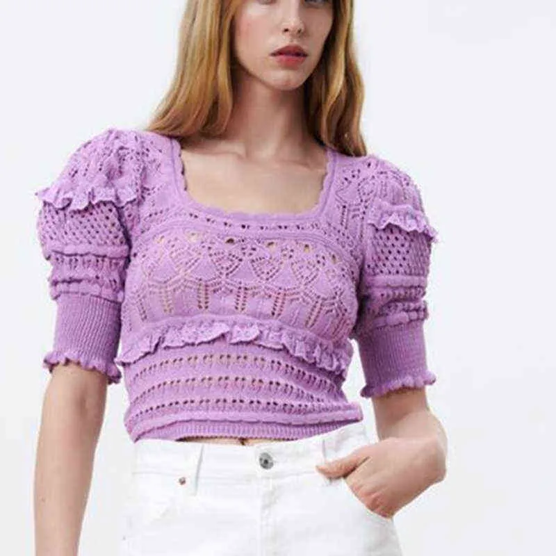 Purple Hollow Out Slim Sweater Lady Summer Flounced Edge Elegant Fashion Tops Women Square Collar Vintage Camis Girl Y1110