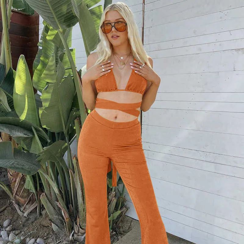 Sexy tracksuit dames verbatage tweedelige broek zomer outfits v-neck crop tops en flare pant mathcing sets strand casual pakken 210625