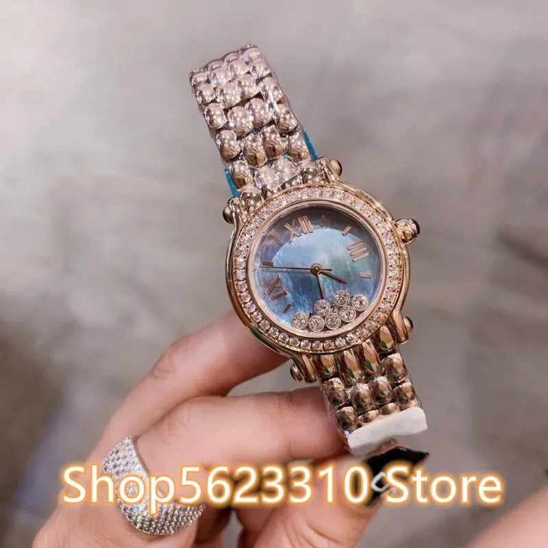 Armbanduhr Happy Stone Watch Women Stahl Quarz Armbanduhr Römische Nummer Zifferblatt Mutter der Perlenschalenuhr 30mm278v