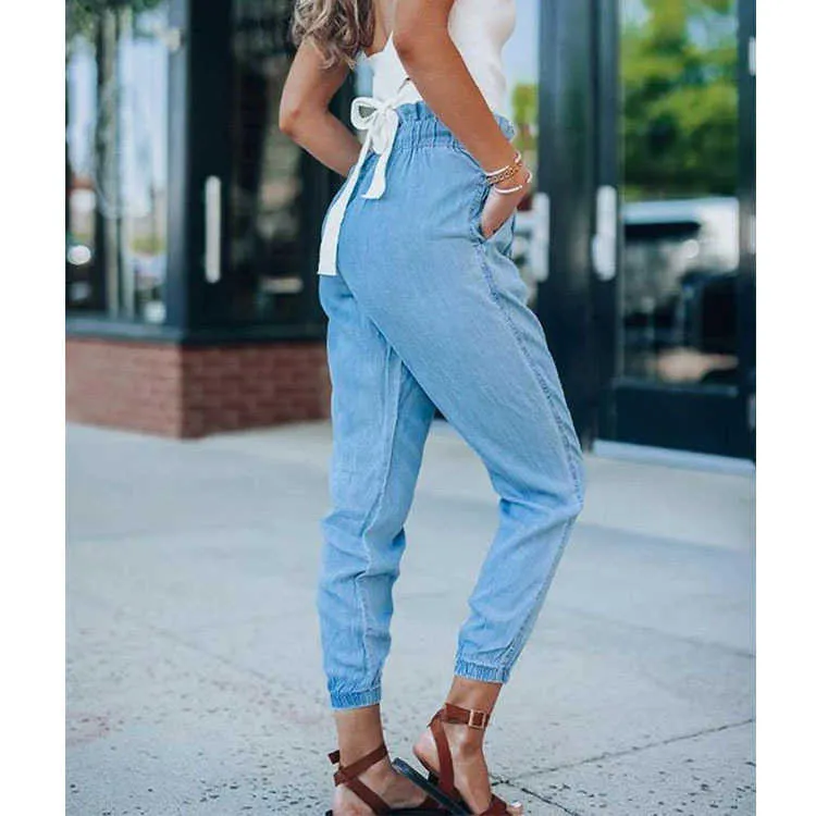 Diiwii femmes à lacets pantalons minces Streetwear taille haute jean pantalon femme ample Denim extensible 210708