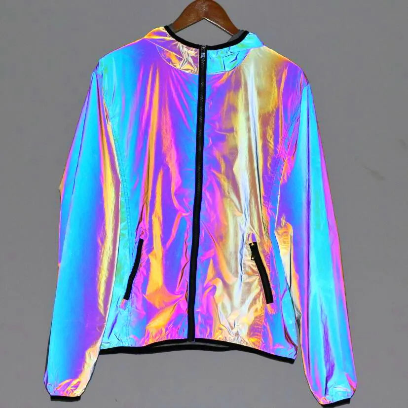 Colorful Reflective Jackets Men Hip Hop Harajuku Jacket Mens Oversized Windbreaker Casual Youth Hoodies Lighting Hooded Coats 210524