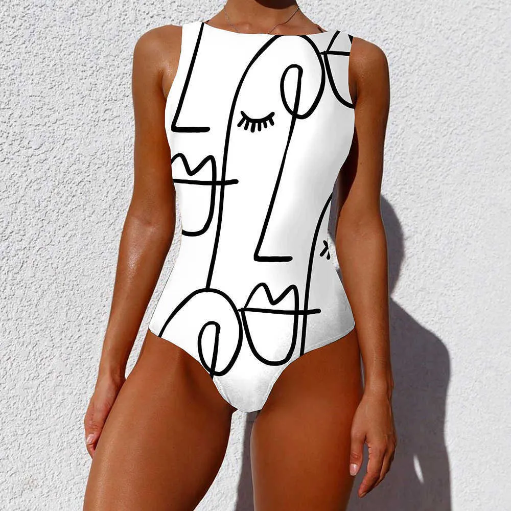 Damen Plus Size Bademode Sexy Bikini Taille Badeanzug Abstrakter Druck Rückenlose Badeanzüge Dame Badeanzug Mode 210712