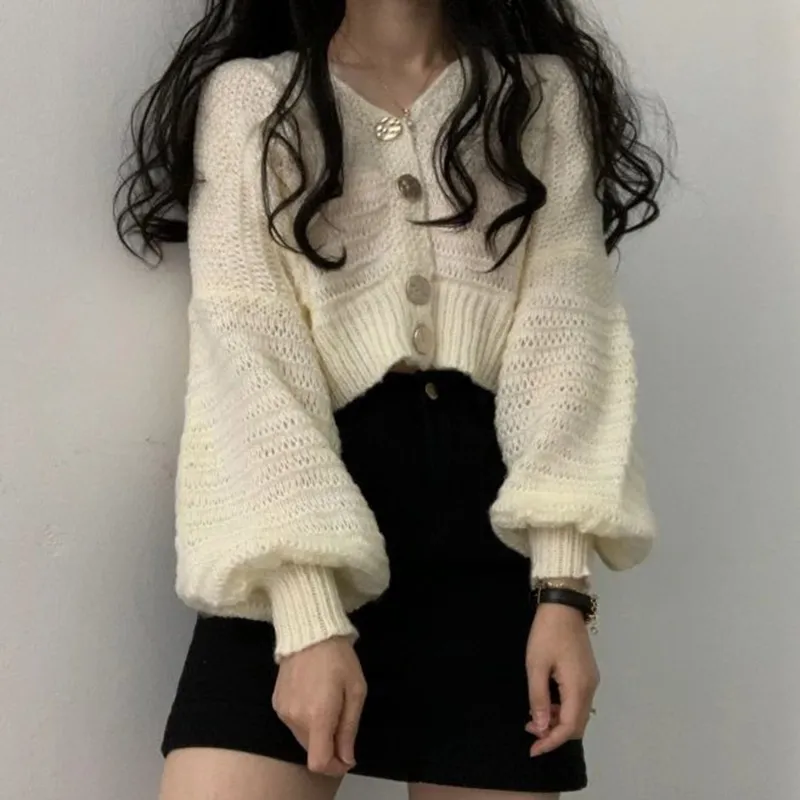 Kimutomo Simple Cardigan Kobiety Korea Ins Styl Damskie Luźne Solidne V-Neck Single Breasted Lampion Sleeve SHORT TOPS Moda 210521