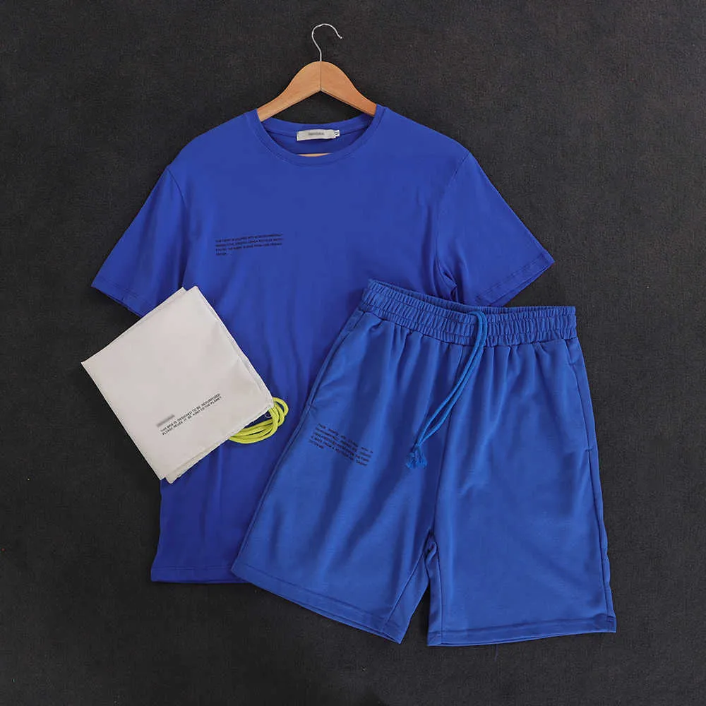 100% Katoen Mannen T-shirts Lange Shorts Twee Stuk Set Solid Color Brief Print Korte Mouw Tops + Hoge Taille Trekkoord Sweatpants 210714