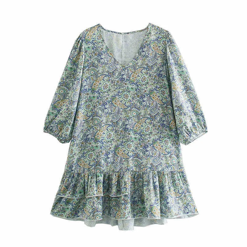 Za Vintage Satin imprimé Mini robe femmes manches longues bouffantes ourlet à volants robes d'été femme mode lâche doux Vestidos 210602