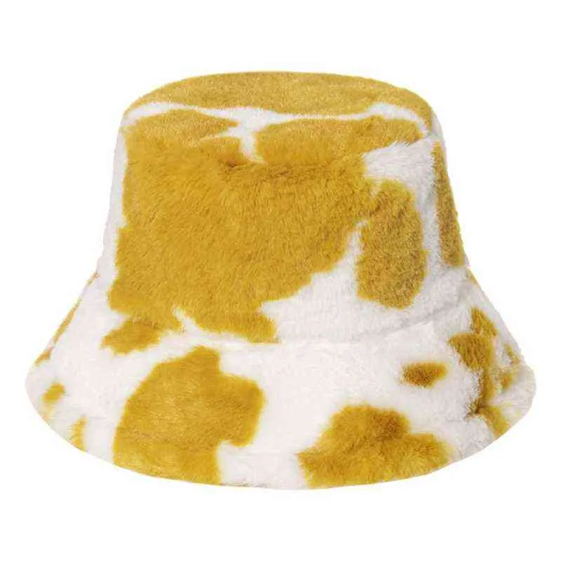 Frauen Winter Warme Flauschige Plüsch Eimer Hut Milch Kuh Druck Panama Fischer Kappe G220311