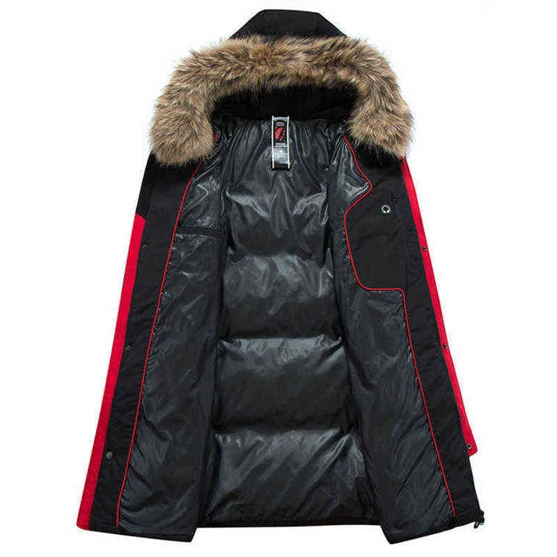 冬の刺繍は長いジャケットの男性フード付きウォームパーカ90％ホワイトダックダウンリアルファーカラー男性コート220108