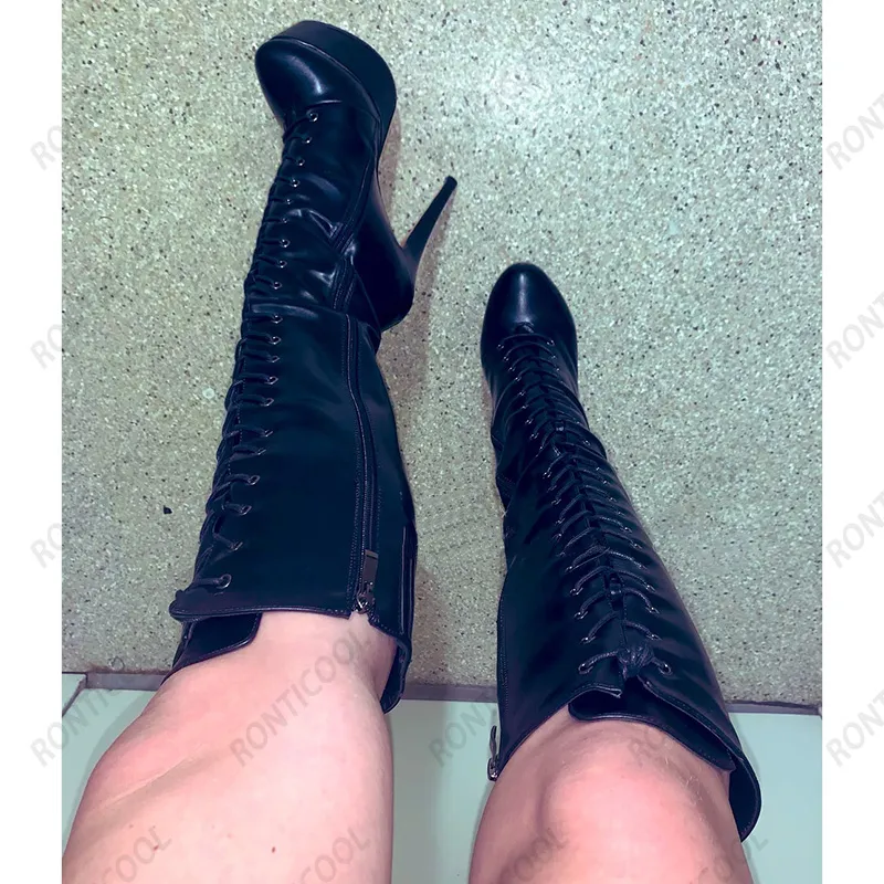 Rontic Ladies 겨울 무릎 부츠 가짜 가죽 측면 지퍼 섹시한 스틸 스토어 발 뒤꿈치 라운드 발가락 검은 나이트 클럽 신발 플러스 크기 35-52