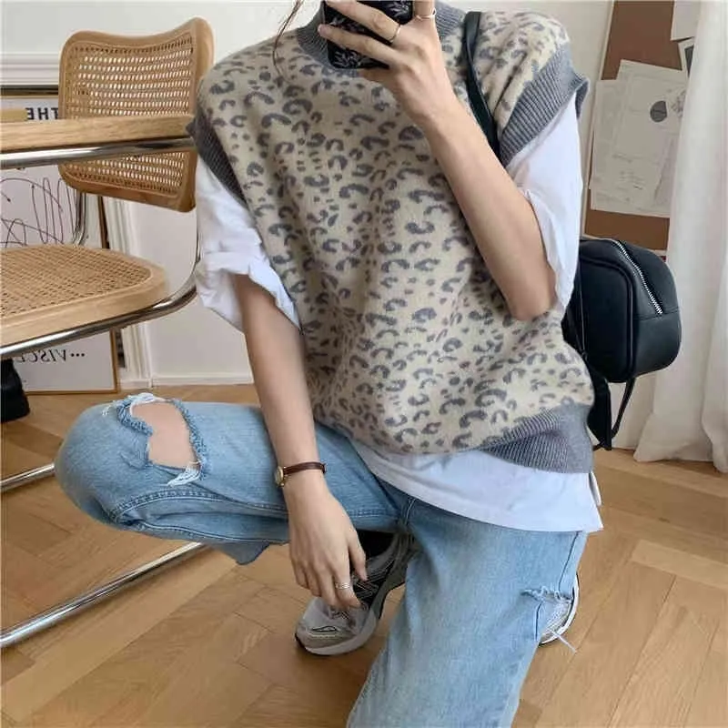 Léopard tricoté pull gilet femmes sans manches col roulé coréen Vintage mode pull Mujer 210514