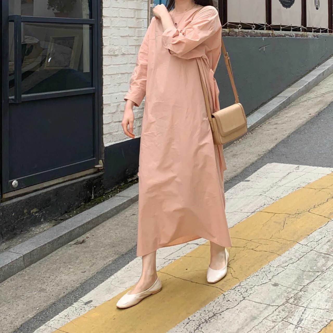 Kleider Frauen Chic Koreanische Sanfte Lose Rosa O Neck Puff Langarm Taille Bandage Shirts Kleid Maxi Vestido De Mujer mode 210610